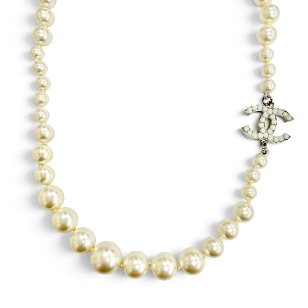 CHANEL Silver Pearl Logo Necklace